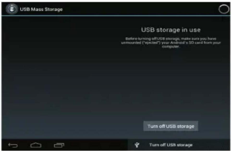 USB Mass Storage USB storage in use Before turning off USB storage, make sure you have unmounted ("ejected") your Android's 3D card from your computer. Turn off USB storage Turn off USB storage