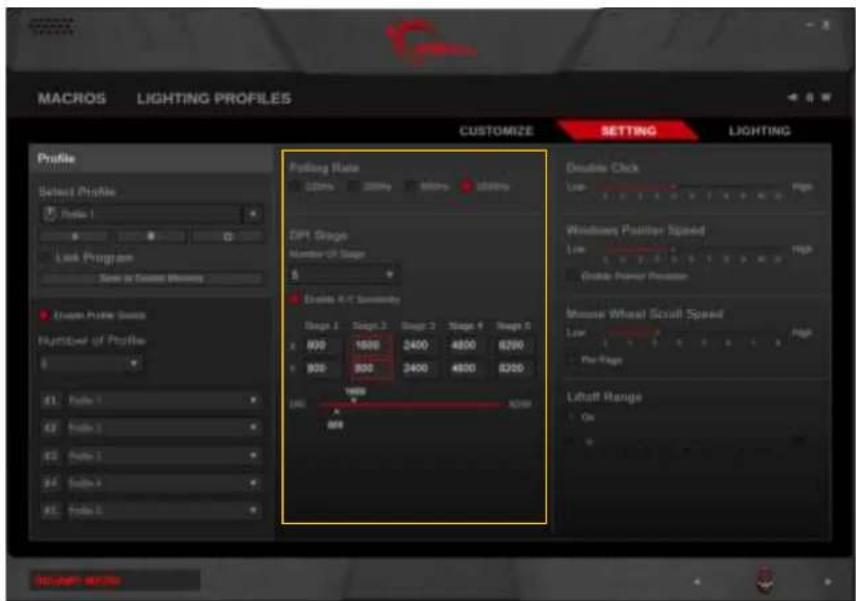 MACROS LIGHTING PROFILES CUSTOMIZE SETTING LIGHTING Profile Select Profile Profile 1 Lock Program Save or Create Window Exxon Pulse Speed Number of Profile 41. Profile 1 42. Profile 1 43. Profile 1 44. Profile 1 45. Profile 1 Pulling Rate 100% 200% 300% 400% 500% 600% 700% 800% 900% 1000% 1100% 1200% 1300% 1400% 1500% 1600% 1700% 1800% 1900% 2000% Double Click Low- High Windows Positier Speed Low- High Enable Power Provision Mouse Wheel Scout Speed Low- High Pre-Page Lifted Range On Set up to 4x26