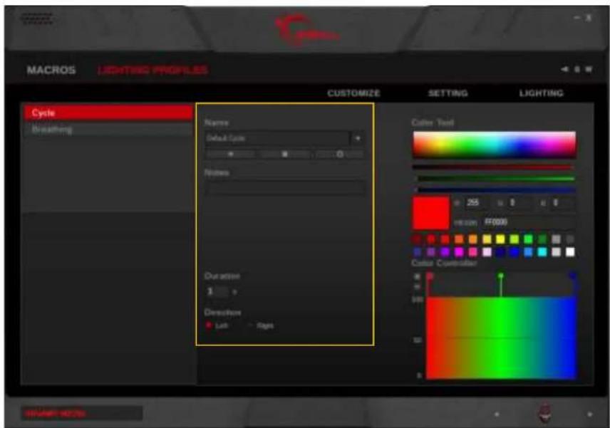 MACROS LIGHTING PROFILES CUSTOMIZE SETTING LIGHTING Cycle Breathing Name Default Cycle Notes Duration 3 Direction Left Right Color Tool 25 FF0000 Color Controller SWARANT 40.75