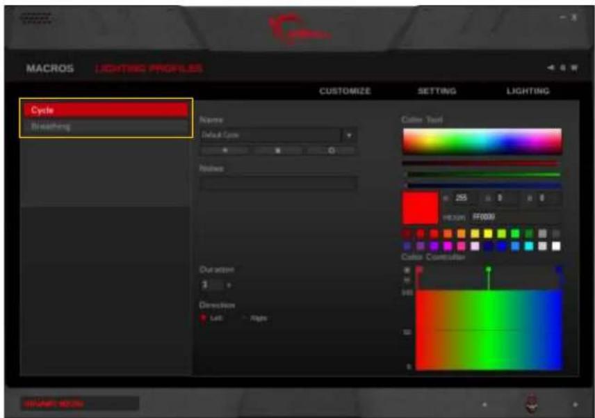 MACROS LIGHTING PROFILES CYCLE Breathing Customize Setting LIGHTING Name Default Color Relates Color Touch 25 HEDDY FF0000 Color Controller Duration 3 Direction Left Right SETWART 40.25x