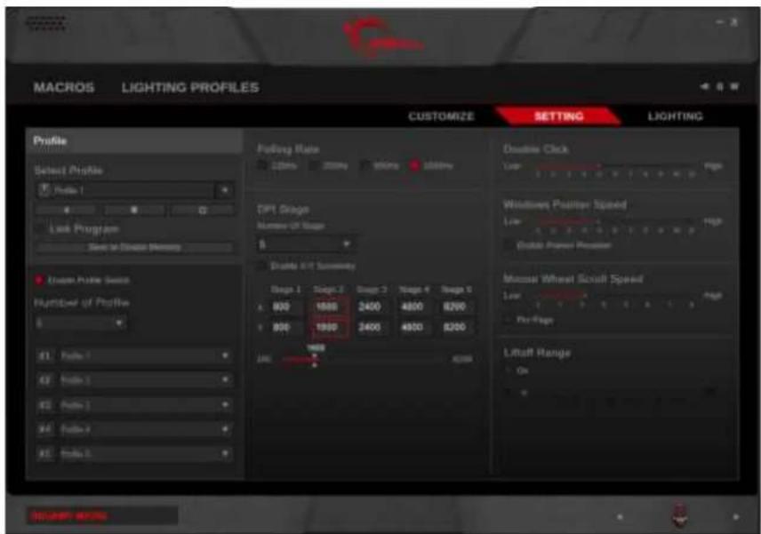 MACROS LIGHTING PROFILES CUSTOMIZE SETTING LIGHTING Profile Select Profile Probe 1 Look Program Save in Document Memory Exxon Probe Steps Number of Profile S Probe 1 Probe 2 Probe 3 Probe 4 Probe 5 Pulling Rate 100% 200% 300% 400% 500% DPT Stage Number Of Stage S Drinks A-F Sensitivity Stage 1 Stage 2 Stage 3 Stage 4 Stage 5 800 1600 2400 4800 8200 800 1900 2400 4800 8200 200% Double Click Load High Windows Positier Speed Low High Enable Power Position Macro Wheel Scuff Speed Load High Pre-Flag Lift/Soft Range On Set up to 3x