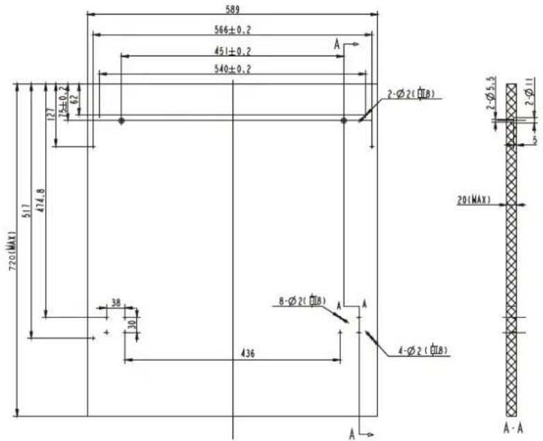 589 566±0.2 451±0.2 540±0.2 A 127 75±0.2 62 2-Ø2(Ø8) 2-Ø5.5 2Ø11 720(MAX) 517 474.8 38 30 436 8-Ø2(Ø8) A A 4-Ø2(Ø8) 20(MAX) A-A