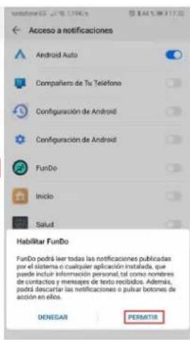 Acceso a notificaciones Android Auto Compañor de Tu Teléfono Configuración de Android Configuración de Android FunDo Inicio Salud Habilitar FunDo FunDo podrá leer todas las notificaciones publicadas por el sistema o cualquier aplicación instalada, que puede incluir información personal, así como nombres de contactos y mensajes de texto recibidos. Además, podrá descargar las notificaciones o puliar botones de acción en ellos. DENEDAR PERMITIR