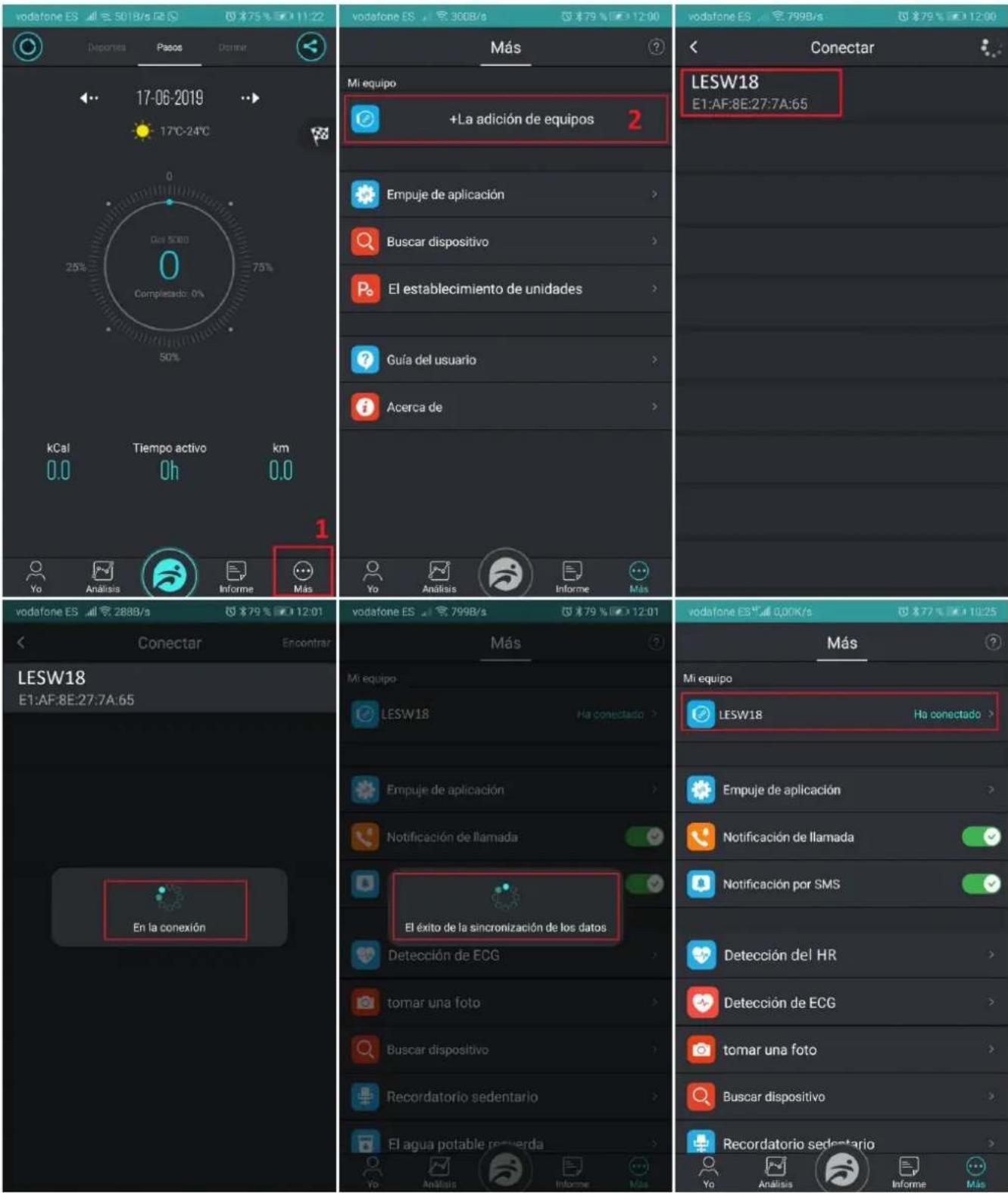 vodafone ES 5018/s @S Disponda Pasos Dornar 17-06-2019 17°C-24°C 0 0 0 0.0 kCal Tiempo activo km 0h 0.0 Más Mi equipo +La adición de equipos 2 Empuje de aplicación > Buscar dispositivo > El establecimiento de unidades > Guía del usuario > Acerca de > Vo Análisis Informe Más LESW18 E1:AF:8E:27:7A:65 Conectar vodafone ES 288B/s 79%12:01 Conectar Encontrar LESW18 E1:AF:8E:27:7A:65 En la conexión vodafone ES 799B/s 79%12:01 Más Mi equipo LESW18 Ha conectado > Empuje de aplicación > Notificación de llamada ✓ El éxito de la sincronización de los datos Detección de ECG > tomar una foto > Buscar dispositivo > Recordatorio sedentario > El agua potable pesuerda > Vo Análisis Informe Más Más Mi equipo LESW18 Ha conectado > Empuje de aplicación > Notificación de llamada ✓ Notificación por SMS ✓ Detección del HR > Detección de ECG > tomar una foto > Buscar dispositivo > Recordatorio sedentario > Vo Análisis Informe Más