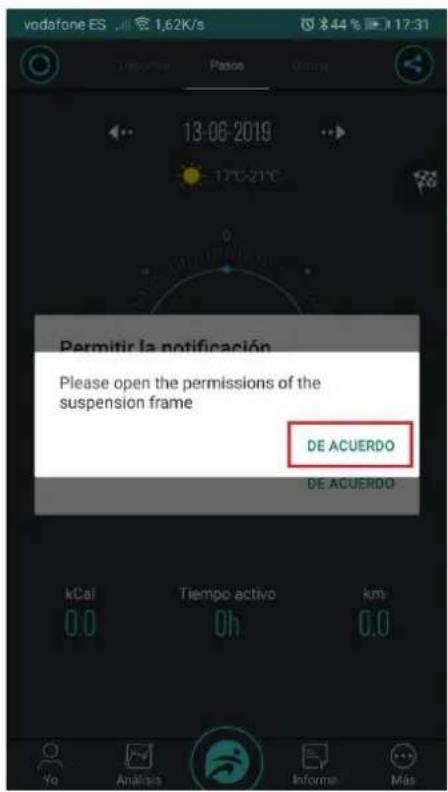 Permitir la notificación Please open the permissions of the suspension frame DE ACUERDO DE ACUERDO kCal Tiempo activo km 0.0 0h 0.0 Yo Análisis Informe Más