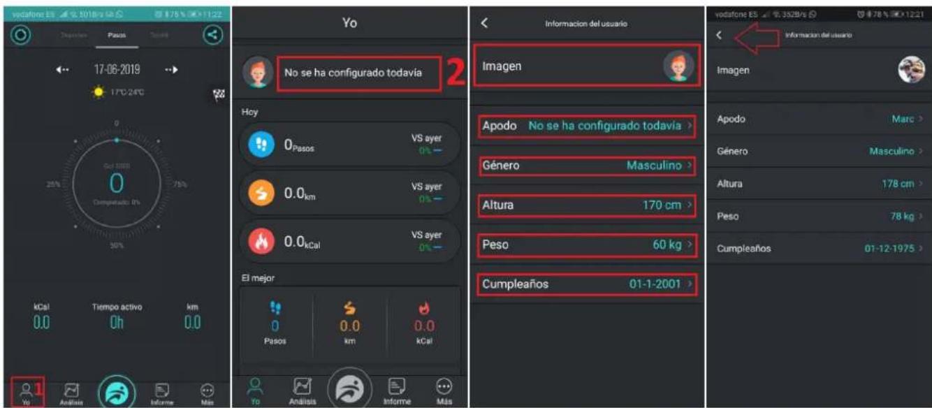 vodafone ES 17-06-2019 17°C 24°C 0 25% 0 0.0 kCal Tiempo activo 0h km 0.0 Yo Análise Informe Más HoY No se ha configurado todavía 2 Imagen Apodo No se ha configurado todavía > Género Masculino > Altura 170 cm > Peso 60 kg > Cumpleaños 01-1-2001 > Informacion del usuario Imagen Apodo Marc > Género Masculino > Altura 178 cm > Peso 78 kg > Cumpleaños 01-12-1975 > Informacion del usuario