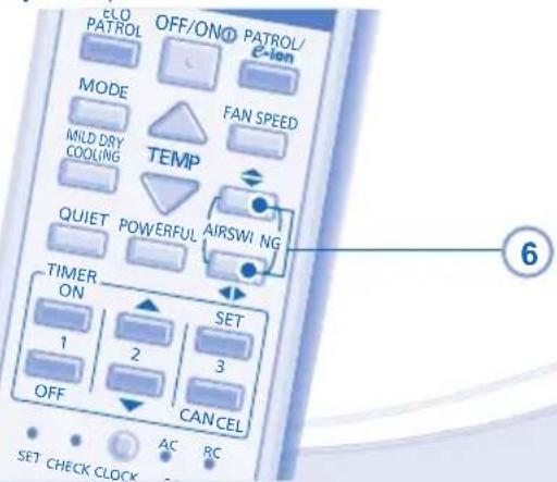 ELO PATROL OFF/ON PATROL/ e-ion MODE MILD DRY COOLING FAN SPEED TEMP QUIET POWERFUL AIRSWI NG TIMER ON SET 1 2 3 OFF CANCEL AC RC SET CHECK CLOCK