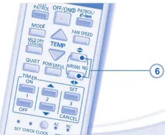 SLO PATROL OFF/ON® PATROL/ e-Ion MODE MILD DRY COOLING FAN SPEED TEMP QUIET POWERFUL AIRSWI NG TIMER ON SET 1 2 3 OFF CANCEL AC RC SET CHECK CLOCK RESET 6