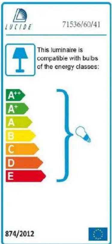 LUCIDE 71536/60/41 This luminaire is compatible with bulbs of the energy classes: A++ A+ A B C D E 874/2012