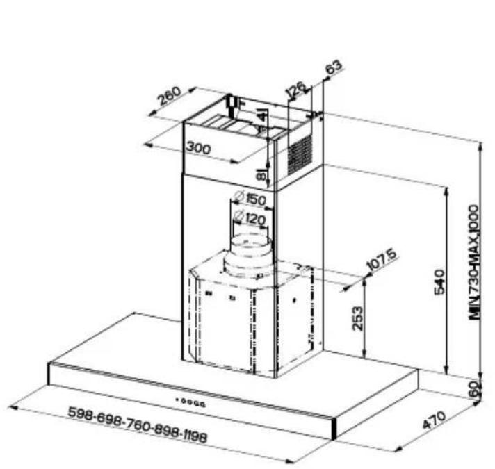 260 300 41 91 Ø150 120 Ø107.5 253 MIN 730-MAX 1000 540 60 598-698-760-898-1198 470