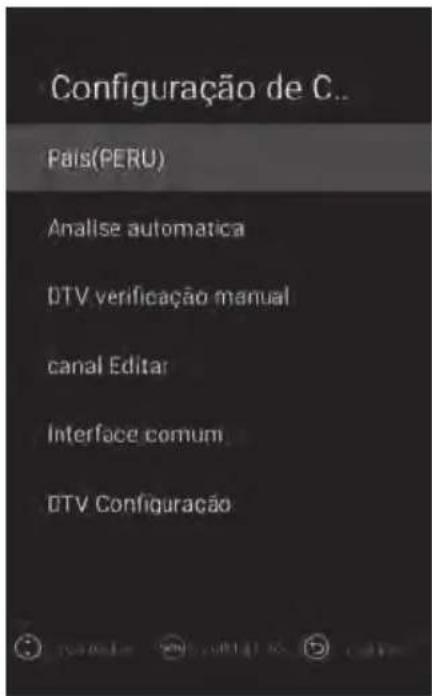 Configuração de C.. Pais(PERU) Analise automatica DTV verificação manual canal Editar Interface comum DTV Configuração