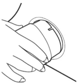 Line drawing of a hand holding a circular object with a string, no text or symbols present