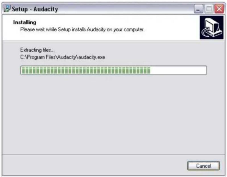 Setup - Audacity Installing Please wait while Setup installs Audacity on your computer. Extracting files... C:\Program Files\Audacity\audacity.exe Cancel