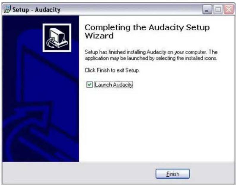 Setup - Audacity Completing the Audacity Setup Wizard Setup has finished installing Audacity on your computer. The application may be launched by selecting the installed icons. Click Finish to exit Setup. ✓ Launch Audacity Finish