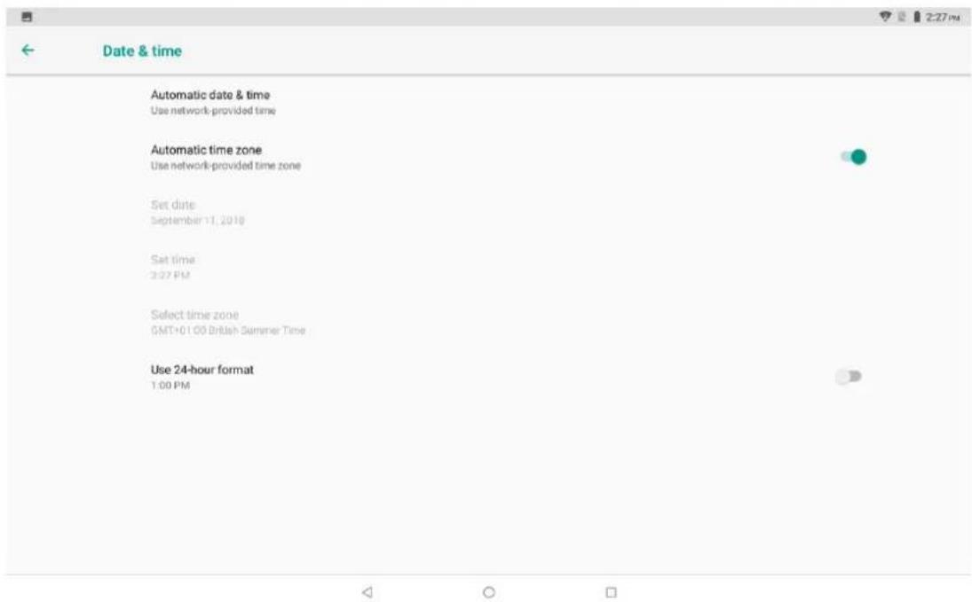 Date & time Automatic date & time Use network-provided time Automatic time zone Use network-provided time zone Set date September 11, 2018 Set time 3:27 PM Select time zone GMT+01.00 British Summer Time Use 24-hour format 1:00 PM