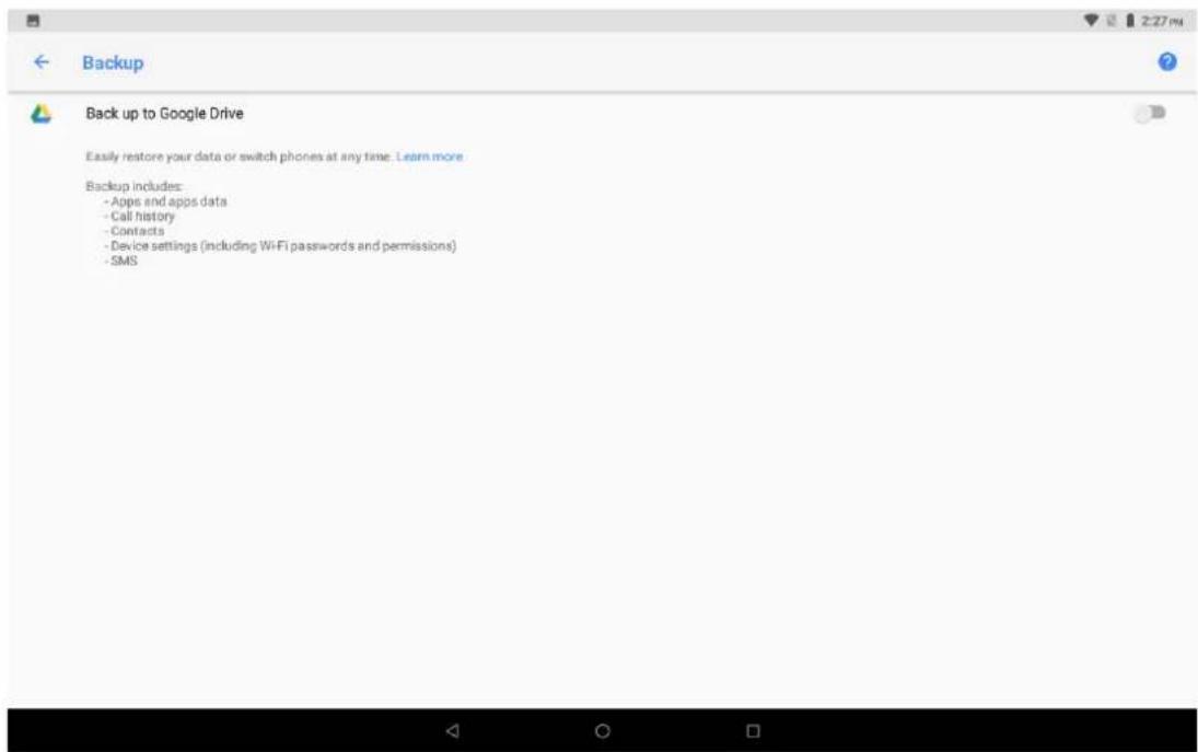 Backup Back up to Google Drive Easily restore your data or switch phones at any time: Learn more Backup includes: - Apps and apps data - Call history - Contacts - Device settings (including WiFi passwords and permissions) - SMS