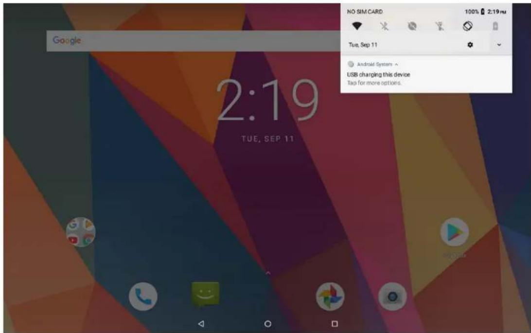 Google 2:19 TUE, SEP 11 NO SIM CARD 100% 2:19 PM Tue, Sep 11 Android Systems > USB charging this device Tap for more options.