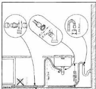 Technical diagram of a bathroom sink with labeled components and dimensions, including fixtures like pipes, fixtures, and fixtures with measurements.
