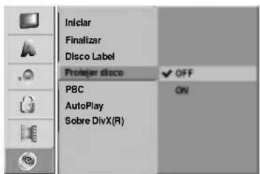 Iniciar Finalizar Disco Label Protejar disco PBC AutoPlay Sobre DivX(R) OFF ON