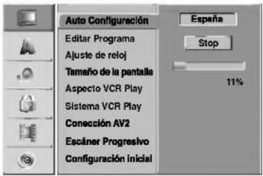 Auto Configuración Editar Programa Ajuste de reloj Tamaño de la pantalla Aspecto VCR Play Sistema VCR Play Conección AV2 Escáner Progresivo Configuración Inicial España Stop 11%