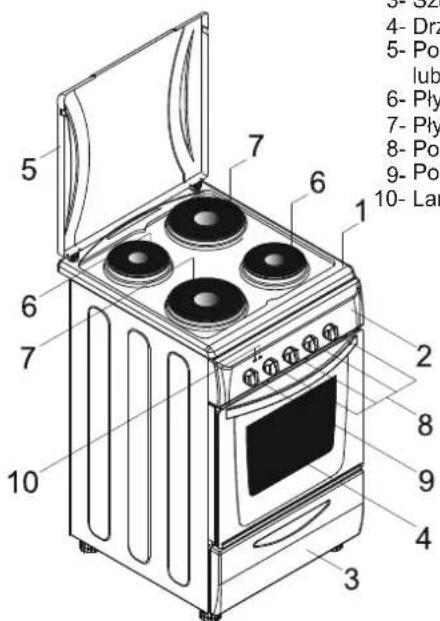 Technical diagram of a 10-pin electrical stove with numbered components and corresponding material labels
