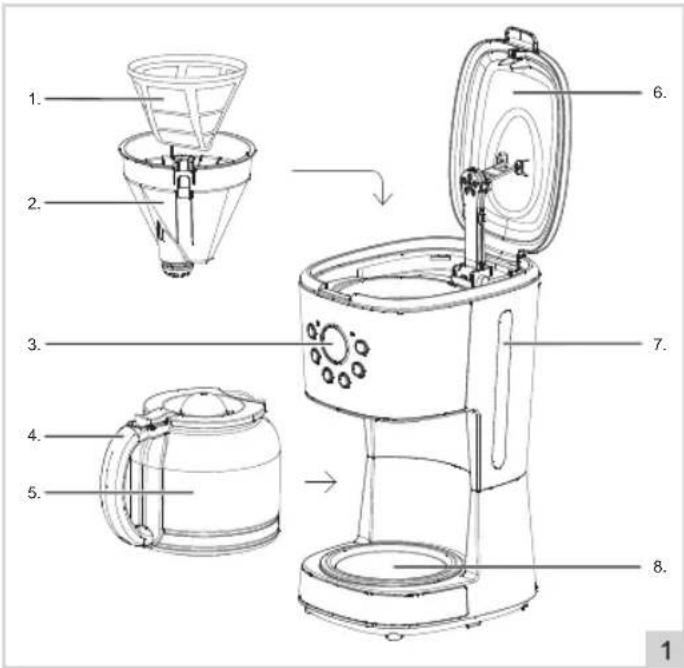 Technical diagram of a coffee maker with numbered parts for identification and assembly reference.