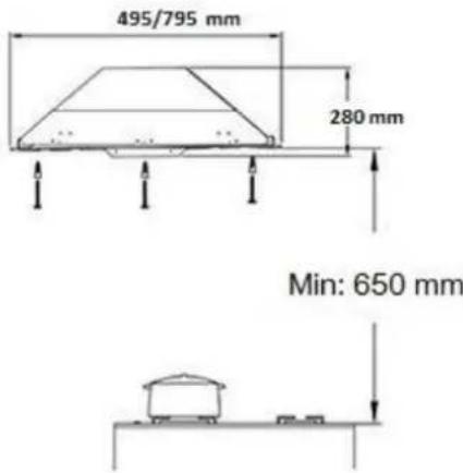 495/795 mm 280 mm Min: 650 mm