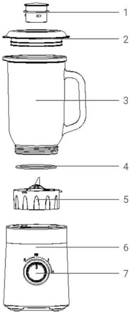 Exploded diagram of a blender with numbered parts for identification