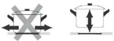 Diagram showing two cooking pots with directional arrows indicating heating or cooling process, one crossed out by a cross symbol.