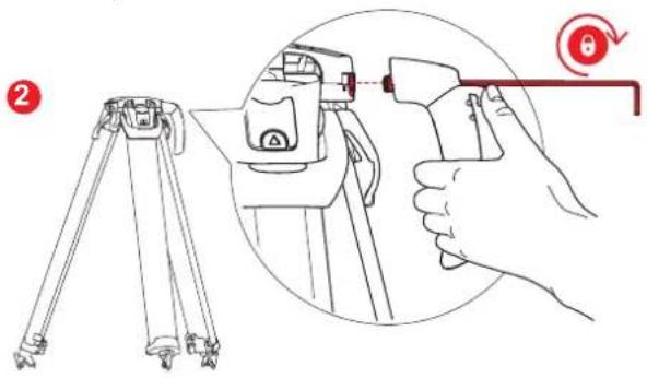 Diagram illustrating the use of a tripod to adjust a camera, with a hand holding a tool and a circular diagram showing the process.