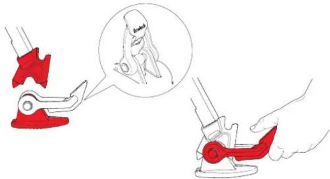 Diagram illustrating a mechanical clamp or clamp mechanism with magnified detail of the tool's tip and base, showing red clamps and a hand holding a clamp.