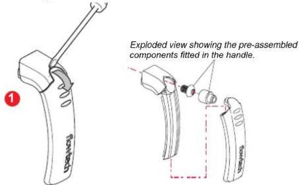 Exploded view showing the pre-assembled components fitted in the handle.