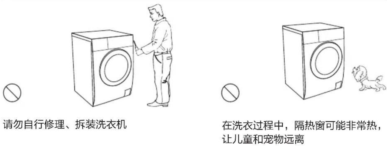 请勿自行修理、拆装洗衣机 在洗衣过程中，隔热窗可能非常热， 让儿童和宠物远离