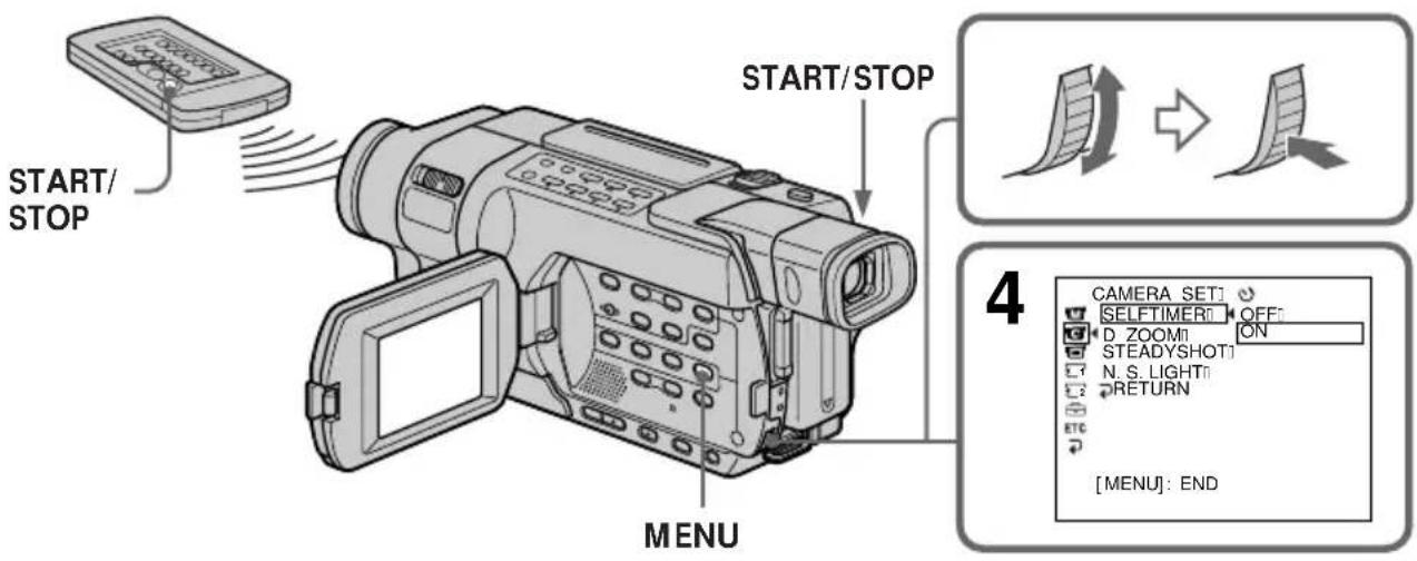 START/ STOP START/STOP MENU CAMERA SET: SELECTIMER OFF: D ZOOM ON STEADYSHOT: N. S. LIGHT: RETURN ETC [MENU]: END