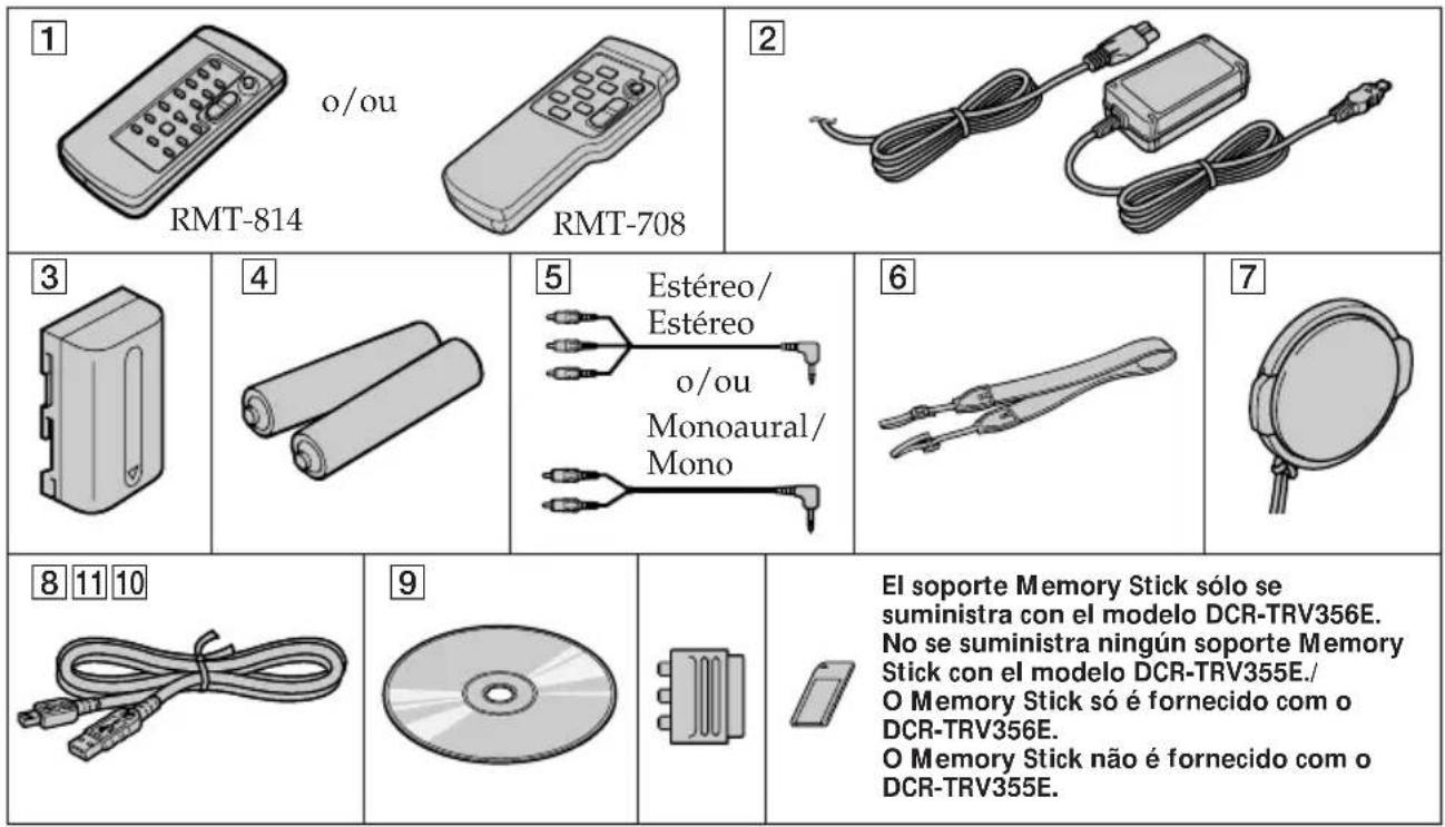 1 o/ou RMT-814 RMT-708 2 3 4 5 Estéreo/ Estéreo o/ou Monoaural/ Mono 6 7 8 11 10 9 El soporte Memory Stick sólo se suministra con el modelo DCR-TRV356E. No se suministra ningún soporte Memory Stick con el modelo DCR-TRV355E./O Memory Stick só é fornecido com o DCR-TRV356E. O Memory Stick não é fornecido com o DCR-TRV355E.