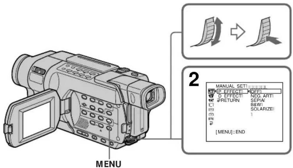 MENU 2 MANUAL SET1 IP EFFECT1 OFF1 D EFFECT1 NEG. ART1 RETURN SEP1A1 B&W1 SOLARIZE1 1 [MENU]: END