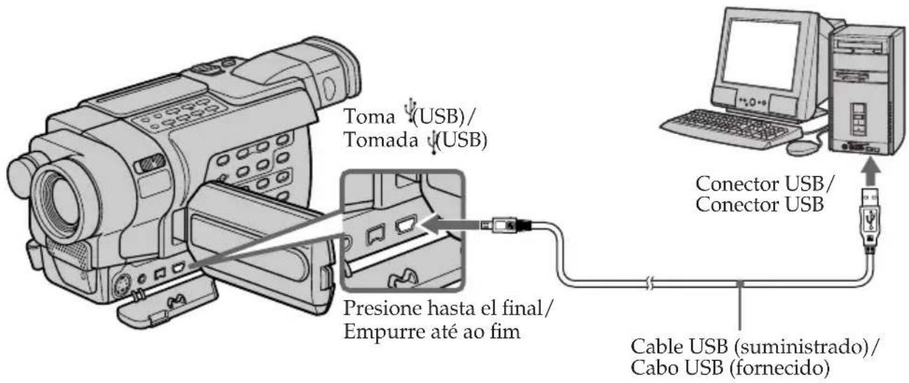Toma (USB)/ Tomada (USB) Presione hasta el final/ Empurre até ao fim Conector USB/ Conector USB Cable USB (suministrado)/ Cabo USB (fornecido)