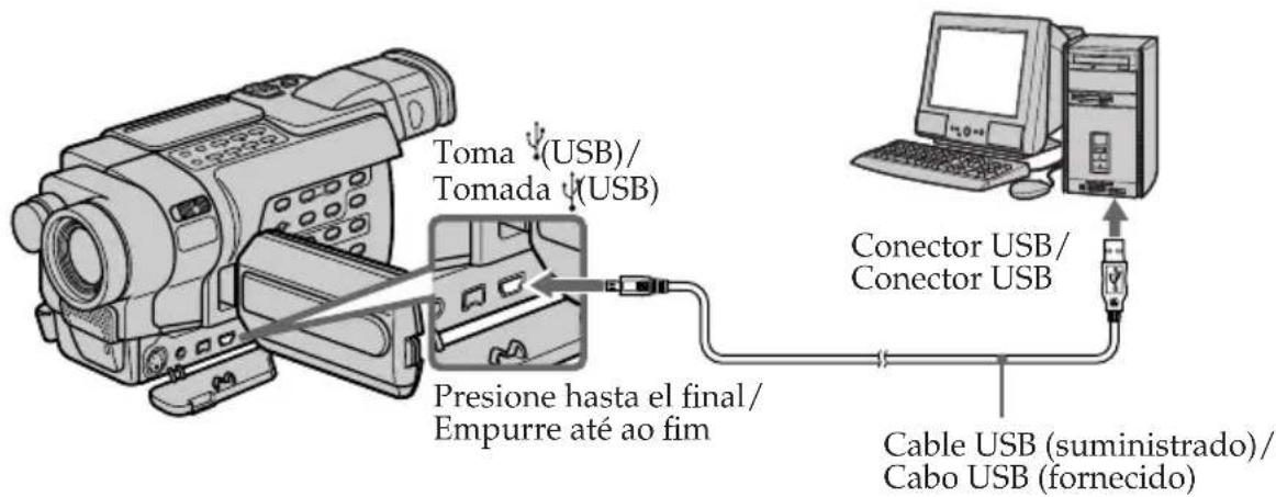 Toma (USB)/ Tomada (USB) Presione hasta el final/ Empurre até ao fim Conector USB/ Conector USB Cable USB (suministrado)/ Cabo USB (fornecido)