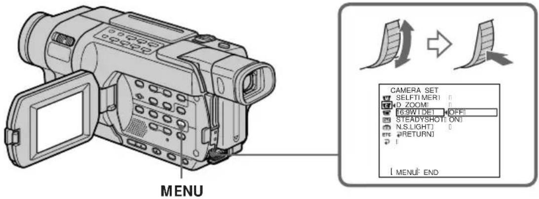MENU CAMERA SET SELF TIMER1 D_ZOOM1 16:9WIDE1 OFF STEADYSHOT ON N.S.LIGHT RETURN ! MENU END