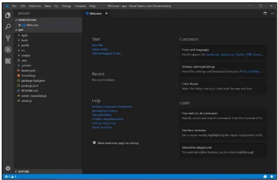 File Edit Selection View Go Debug Terminal Help Welcome - app - Visual Studio Code [Administrator] EXPLORER OPEN EDITORS Welcome APP apps back public src vendor esw johintrc bower.json Gruntfile.js package-lockjson package.json README.ind server_repository.js server.js Start New file Open folder... Add workspace folder... Recent No recent folders Help Printable keyboard cheatoches Introductory videos Tips and Tricks Product documentation GitHub repository Stack Overflow Show welcome page on startup Customize Tools and languages Install support for JavaScript, TypeScript, Python, PHP, Azure... Settings and keybindings Install the settings and keyboard shortcuts of Vira, Sublime... Color theme Make the editor and your code look the way you love Learn Find and run all commands Rapidly access and search commands from the Command Pa... Interface overview Get a visual overlay highlighting the major components of th... Interactive playground Try essential editor features out in a short walkthrough OUTLINE