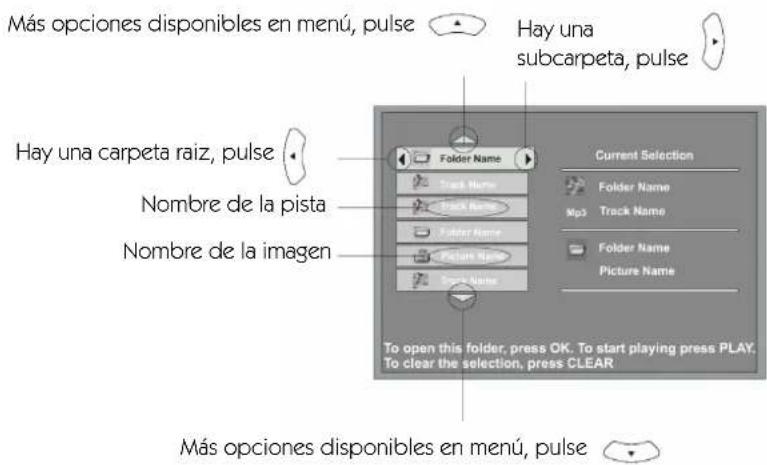 Más opciones disponibles en menú, pulse Hay una subcarpeta, pulse Hay una carpeta raiz, pulse Nombre de la pista Nombre de la imagen Folder Name Track Name Track Name Folder Name Picture Name Picture Name Current Selection Folder Name Mp3 Folder Name Picture Name To open this folder, press OK. To start playing press PLAY. To clear the selection, press CLEAR Más opciones disponibles en menú, pulse