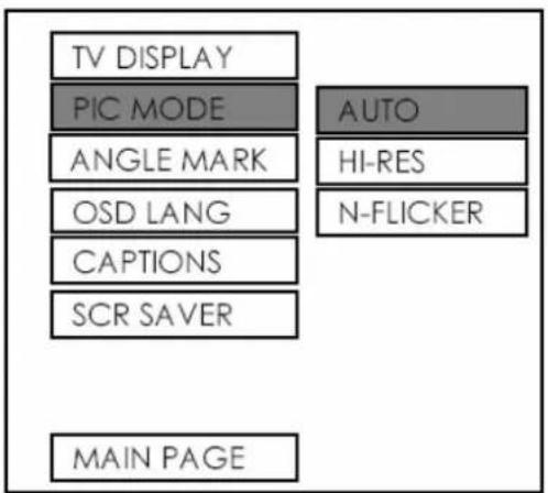 TV DISPLAY PIC MODE ANGLE MARK OSD LANG CAPTIONS SCR SAVER MAIN PAGE AUTO HI-RES N-FLICKER