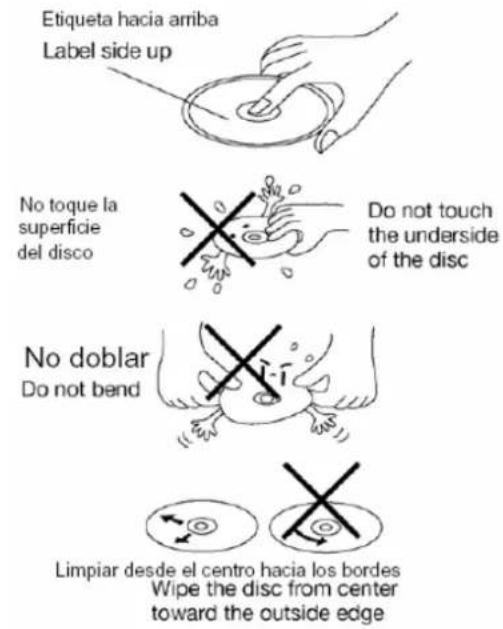 Etiqueta hacia arriba Label side up No toque la superficie del disco Do not touch the underside of the disc No doblar Do not bend Limpiar desde el centro hacia los bordes Wipe the disc from center toward the outside edge