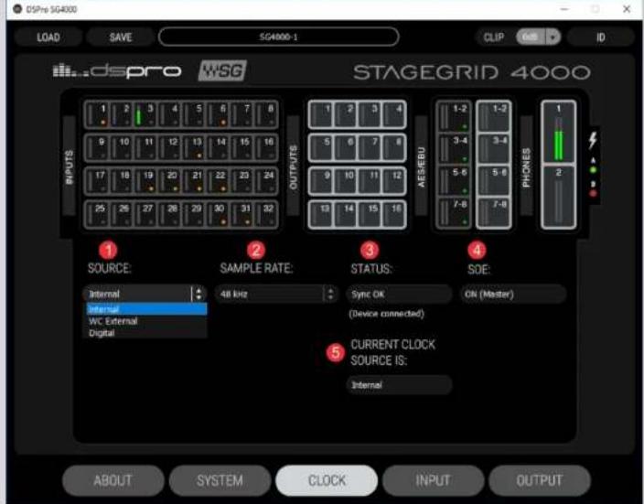 DSPro 4000 LOAD SAVE SG4000-1 CLIP OAS ID dspro WSG STAGEGRID 4000 INPUTS OUTPUTS AER/EBU 1-2 1-2 1 2 3 4 5 6 7 8 9 10 11 12 13 14 15 16 17 18 19 20 21 22 23 24 25 26 27 28 29 30 31 32 SOURCE: SAMPLE RATE: STATUS: SDE: Internal Internal Sync OK ON (Master) WC External Digital (Device connected) CURRENT CLOCK SOURCE IS: Internal ABOUT SYSTEM CLOCK INPUT OUTPUT