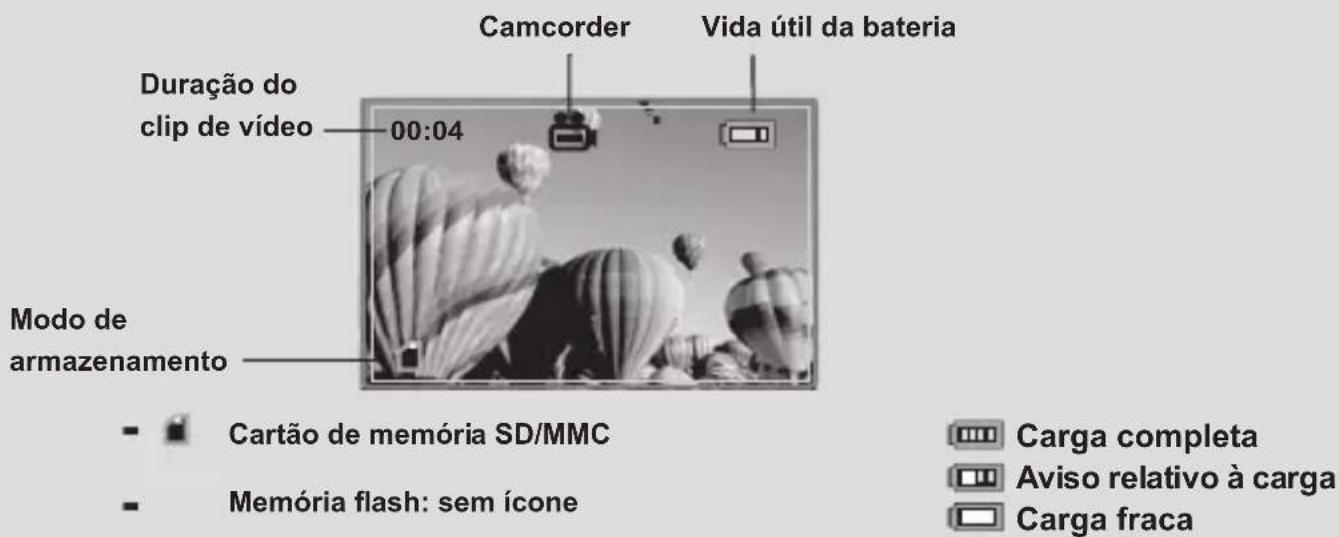 Duração do clip de vídeo 00:04 Camcorder Vida útil da bateria Modo de armazenamento Cartão de memória SD/MMC Memória flash: sem ícone Carga completa Aviso relativo à carga Carga fraca