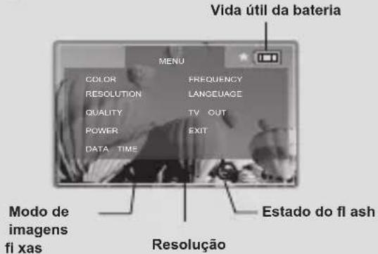 Vida útil da bateria MENU COLOR FREQUENCY RESOLUTION LANCEUAGE QUALITY TV OUT POWER EXIT DATA TIME Modo de imagens fi xas Resolução Estado do fl ash