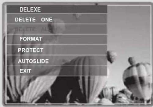 DELETE DELETE ONE DELETE ALL FORMAT PROTECT AUTOSLIDE EXIT