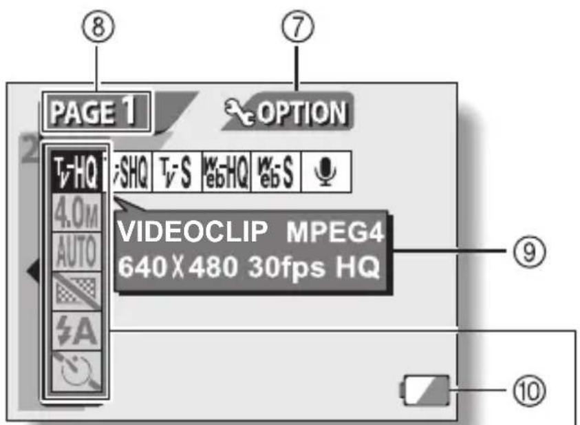 PAGE 1 OPTION T-HQ SHQ T-S 4.0M AUTO VIDEOCLIP MPEG4 640 X 480 30fps HQ ⑧ ⑦ ⑨ ⑩