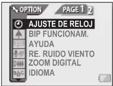 OPTION PAGE 1 2 AJUSTE DE RELOJ BIP FUNCIONAM. AYUDA RE. RUIDO VIENTO ZOOM DIGITAL IDIOMA