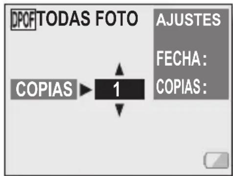 DPOF TODAS FOTO COPIAS 1 AJUSTES FECHA: COPIAS: